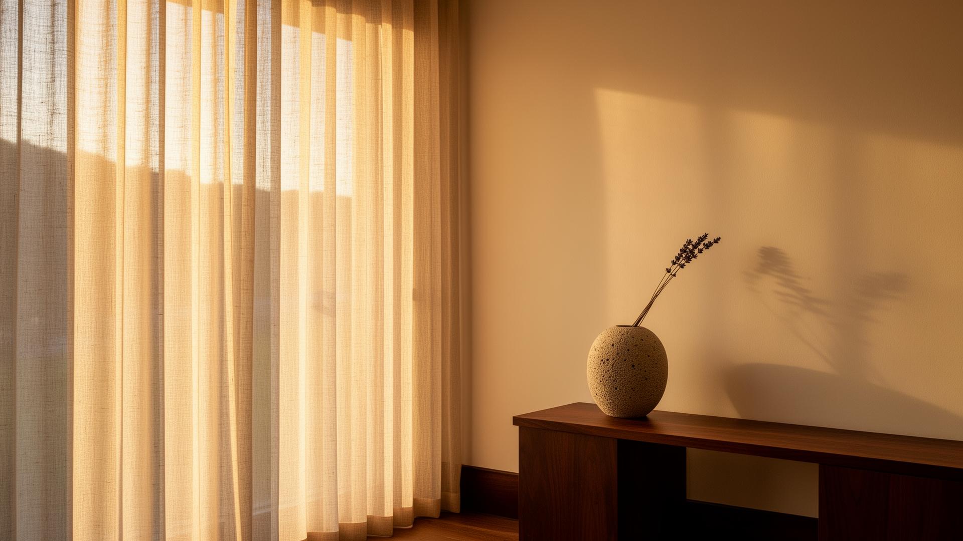 Soft afternoon light filtering through linen in a Napa Valley wellness studio